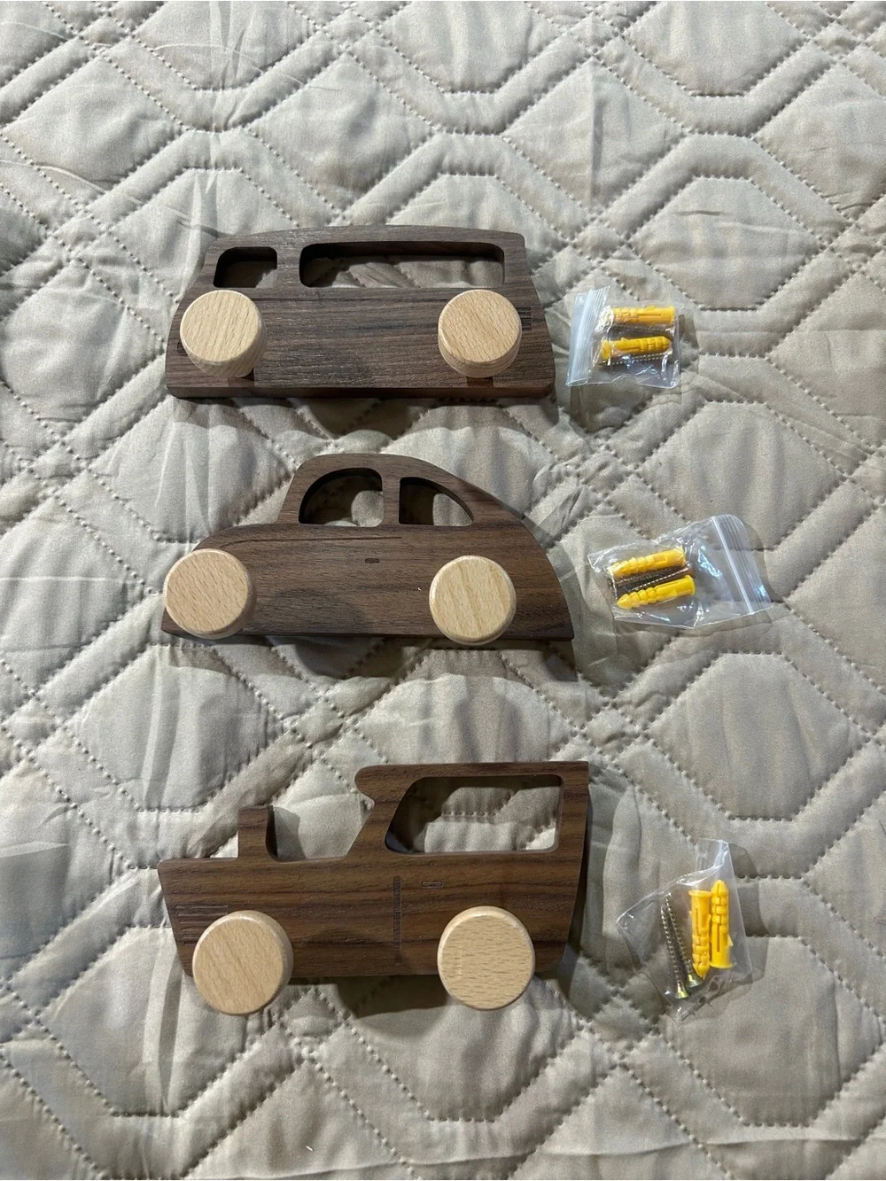 Wooden Car Wall Hooks - Natural Brown & Light Wood Wheels